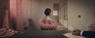 A woman in a pink feathered robe faces a window as chaos lingers and a hand with a quill writes in the room.