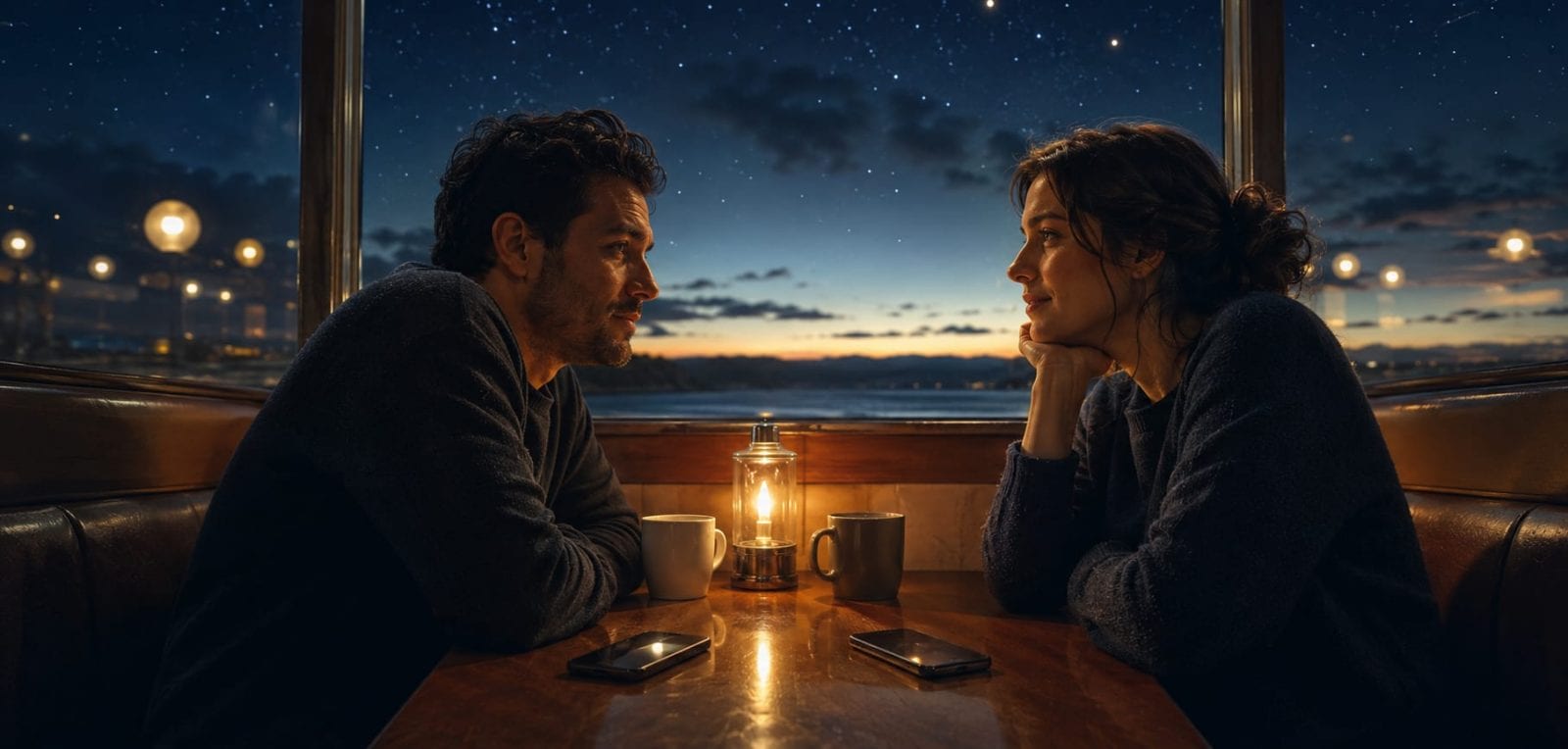 A man and woman sit across from each other in a nighttime diner, sharing coffee under a starry sky.