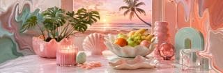Pastel bowls, fruit, and a candle on a glossy table with a beach sunset and palm tree visible through the window.