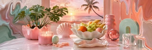 Pastel bowls, fruit, and a candle on a glossy table with a beach sunset and palm tree visible through the window.