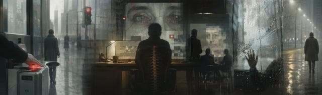 A person at a desk looks at a cartoonish screen with eyes while outside, hands press to rain-covered glass amid urban unrest.