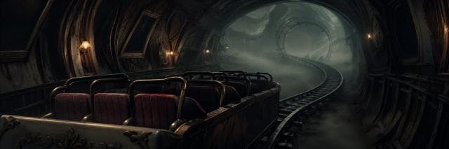 A surreal roller coaster car waits on misty tracks beneath flickering lamps in an eerie, chaotic tunnel.