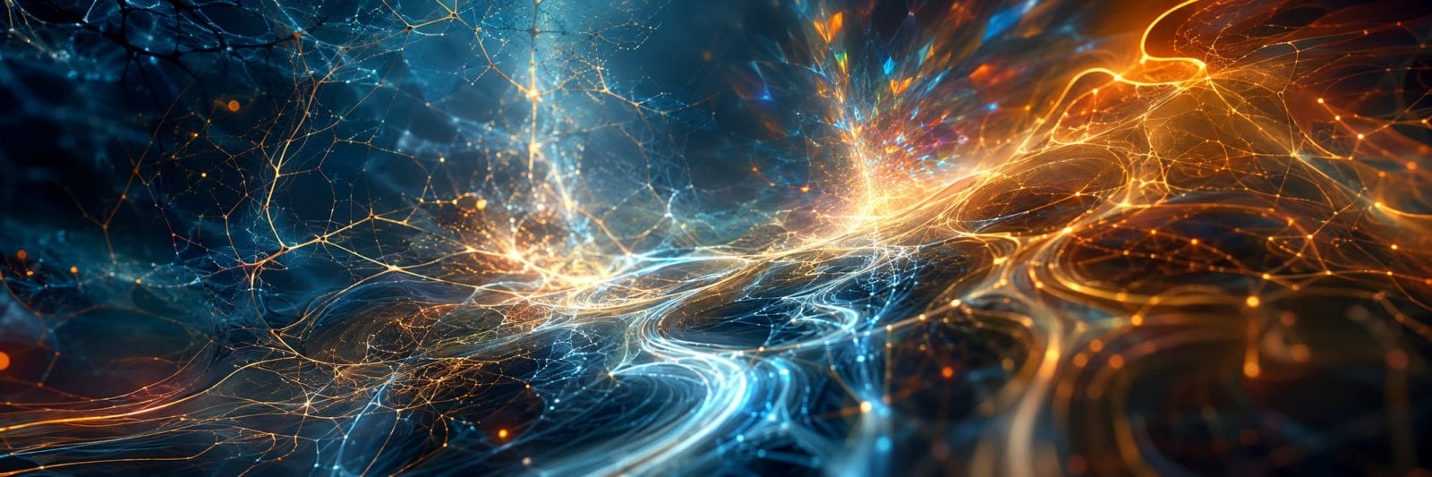 Abstract digital art with blue and orange glowing lines resembling neural networks or energy flows.