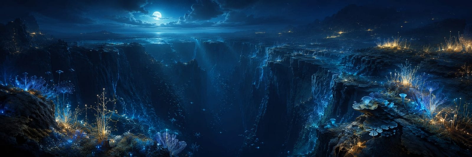 A deep blue canyon glows at night with bioluminescent plants beneath a cloudy, moonlit sky.