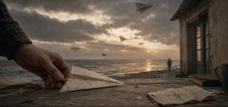 A hand holds a paper airplane on a wooden table by the sea; other planes soar while a figure stands nearby, suggesting reflection.