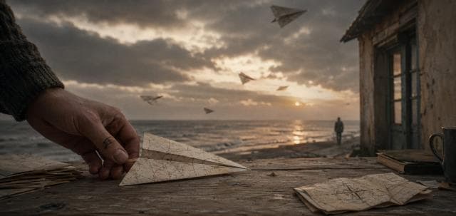 A hand holds a paper airplane on a wooden table by the sea; other planes soar while a figure stands nearby, suggesting reflection.