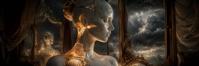 A porcelain statue with gold-filled cracks stands by a window, reflected in ornate mirrors with clouds and nature visible outside.