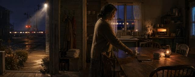 A woman stands at a wooden table in a kitchen; outside, a train passes in the rain.