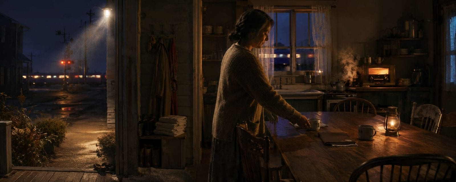 A woman stands at a wooden table in a kitchen; outside, a train passes in the rain.