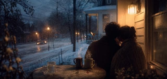 Two people sit together on a winter porch at night, enjoying hot drinks and looking out at the snow.