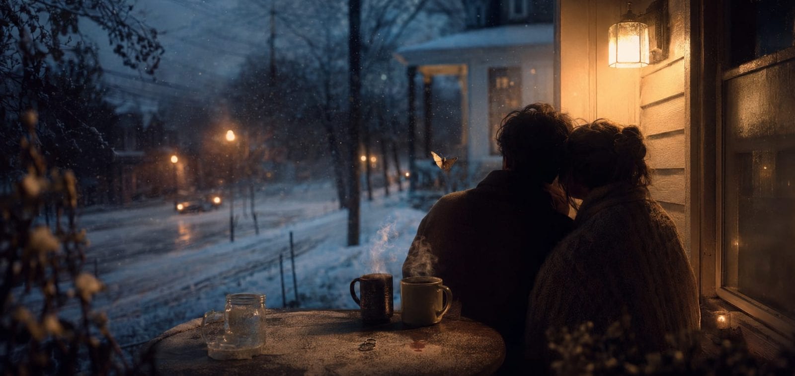 Two people sit together on a winter porch at night, enjoying hot drinks and looking out at the snow.