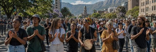 A diverse group claps and marches, displaying strength and spirit on a city street with mountains and historic buildings in the background.