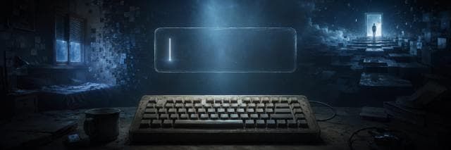 A dusty keyboard faces a glowing doorway as a figure stands in mist, surrounded by surreal chaos in a cluttered room.