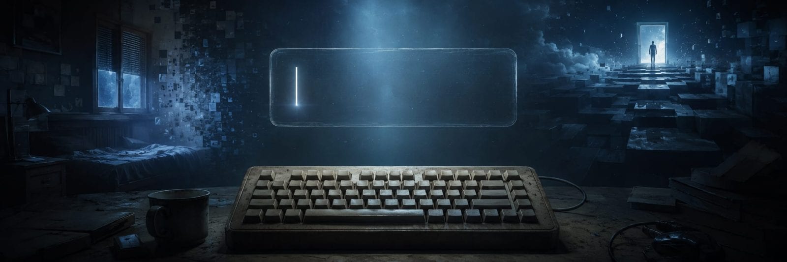 A dusty keyboard faces a glowing doorway as a figure stands in mist, surrounded by surreal chaos in a cluttered room.