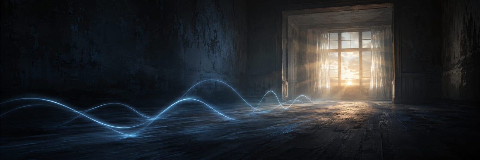Sunlight shines through a window as blue glowing waves move across a wooden floor toward the light.