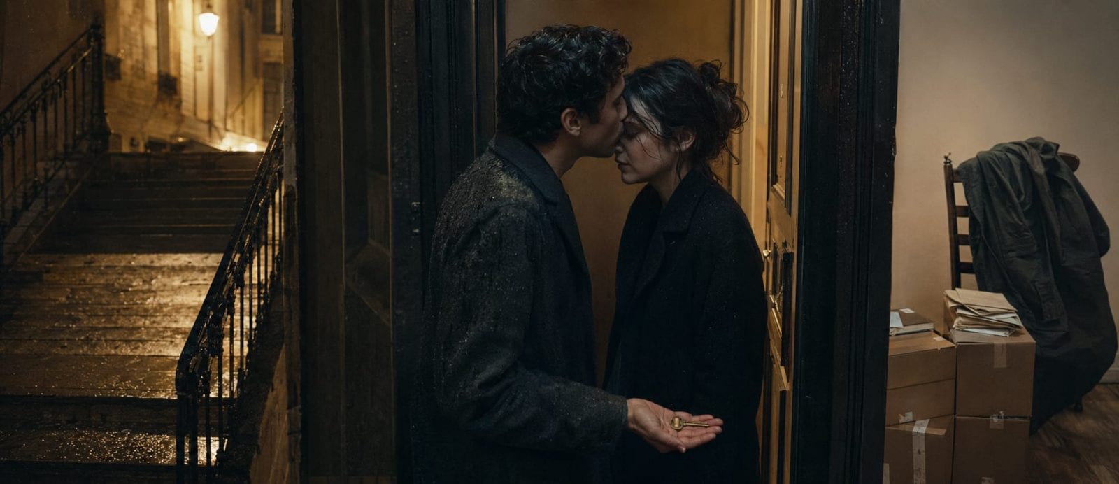 A man kisses a woman's forehead in the doorway at night, holding keys; moving boxes fill the room while chaos unfolds outside.