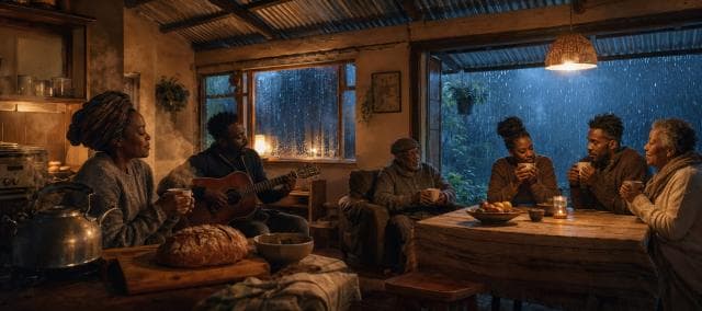 A family relaxes indoors, sharing drinks and bread, while rain falls outside their cozy rustic home.