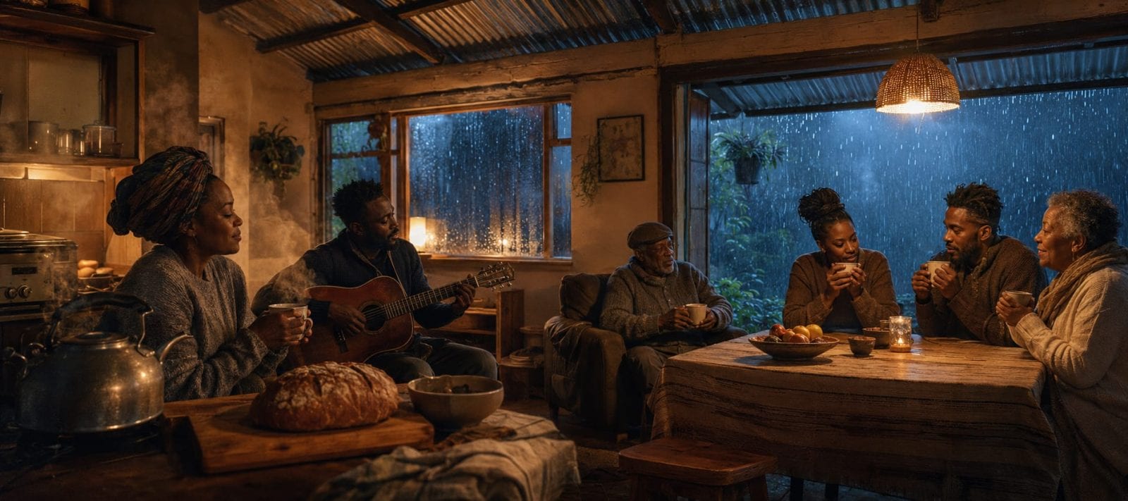 A family relaxes indoors, sharing drinks and bread, while rain falls outside their cozy rustic home.