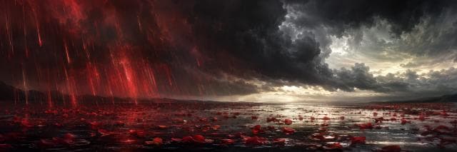 Dark clouds and red rain reflect on water, with red petals standing out against a bright sky in the background.