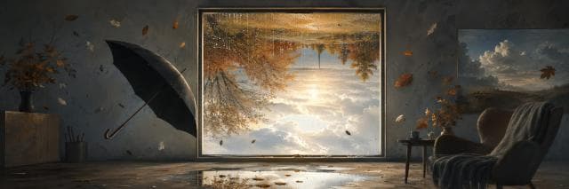 Surreal room with floating leaves and umbrella; outside, an upside-down autumn landscape floats above the clouds.