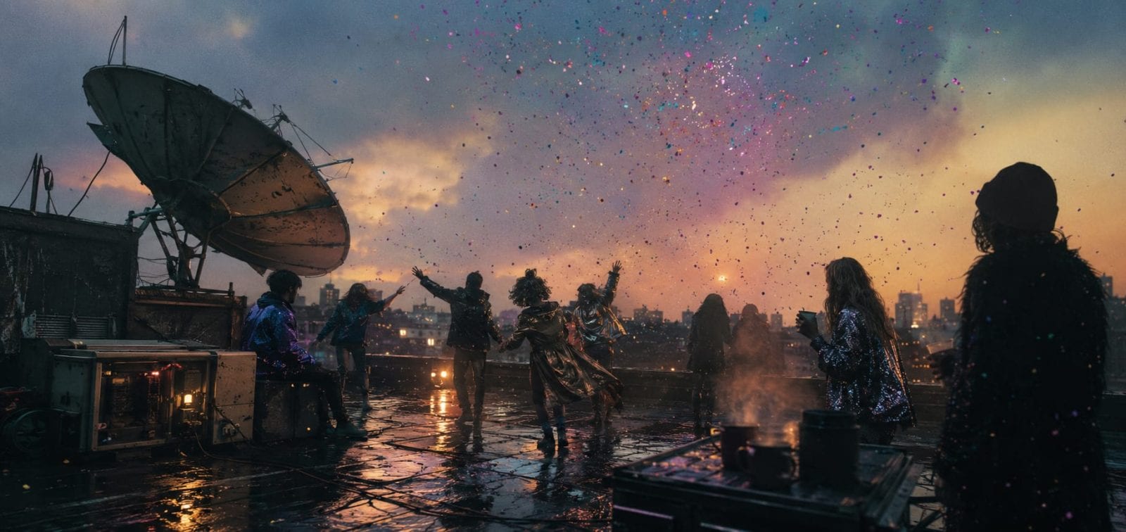 People in shiny outfits celebrate on a rooftop at sunset with confetti, gathered near a satellite dish.
