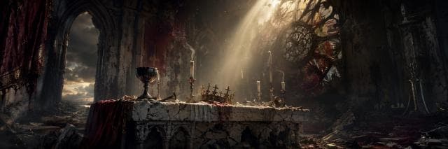 A damaged ornate altar with goblets and crosses stands amid ruins in a cathedral.