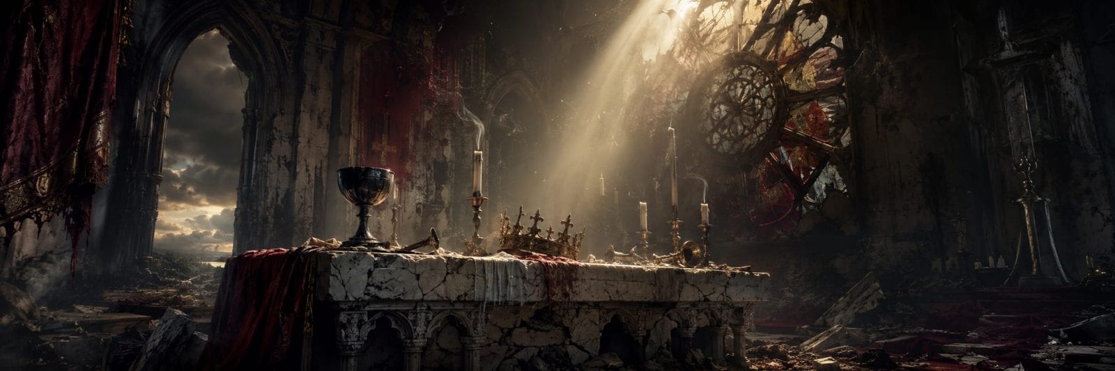 A damaged ornate altar with goblets and crosses stands amid ruins in a cathedral.