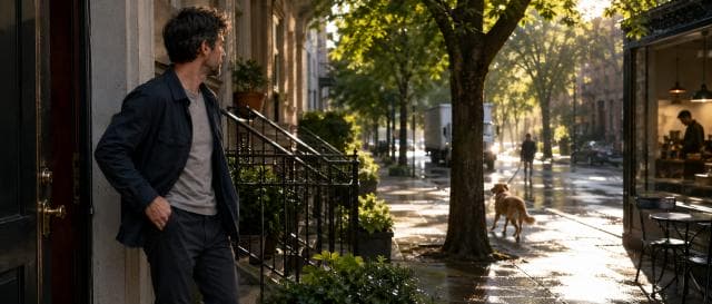 A man sits on a city stoop watching a dog on a wet sidewalk, hinting at urban satire and subtle rebellion.