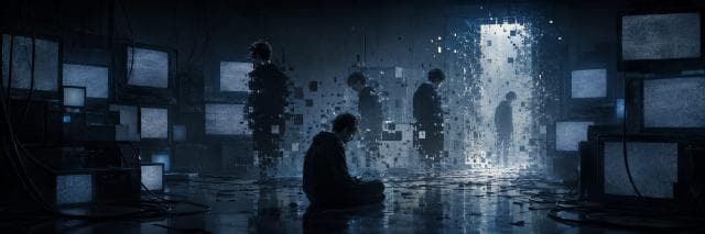 A person sits on the floor among old TVs as figures dissolve into pixels near a doorway, creating a surreal, fantastical scene.