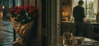 A bouquet of red roses sits on a windowsill with a figure standing in the kitchen behind.