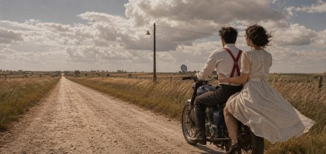 Two people ride a motorcycle down a dirt road through open fields under a cloudy sky, facing away.