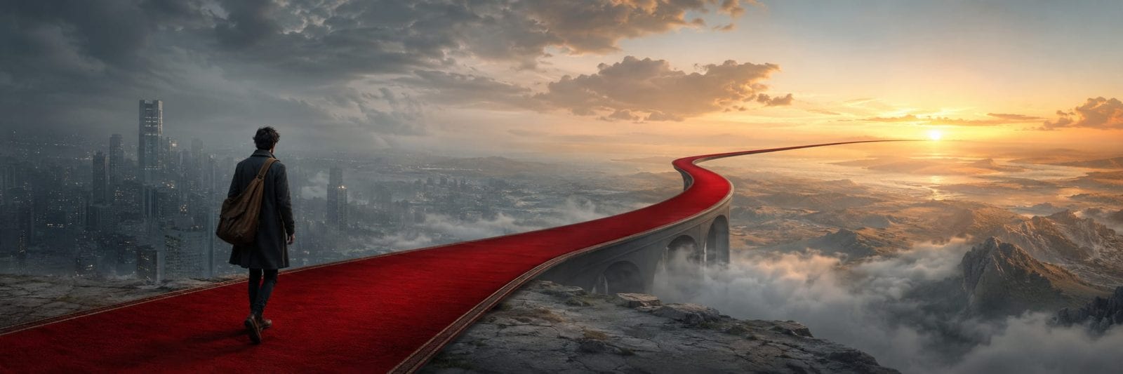 A person walks on a red carpet from a city skyline toward a sunrise above clouds and mountains.
