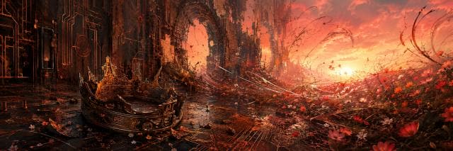A golden crown lies on a ruined floor with scattered flowers and chaotic debris surrounding it.