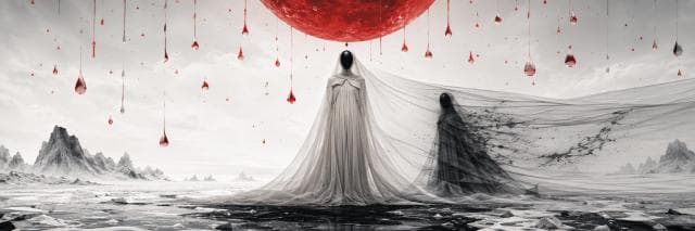 A surreal robed figure stands on cracked ice under a red moon, with swirling chaos behind a sheer shadowy veil.