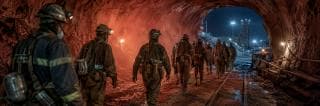 Miners walk through a tunnel, wearing equipment and using lights as they navigate the underground passage.