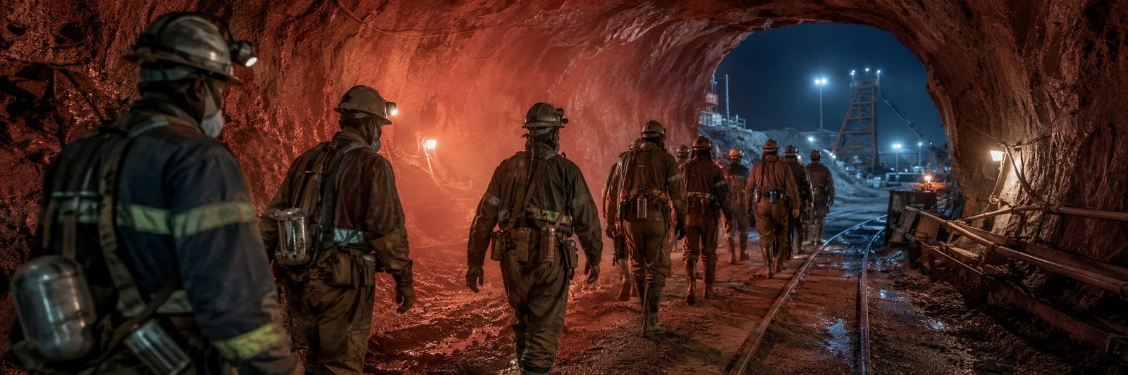 Miners walk through a tunnel, wearing equipment and using lights as they navigate the underground passage.