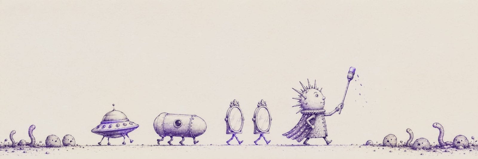 Five whimsical alien-like creatures march; their leader waves a wand as small worms emerge from the ground.