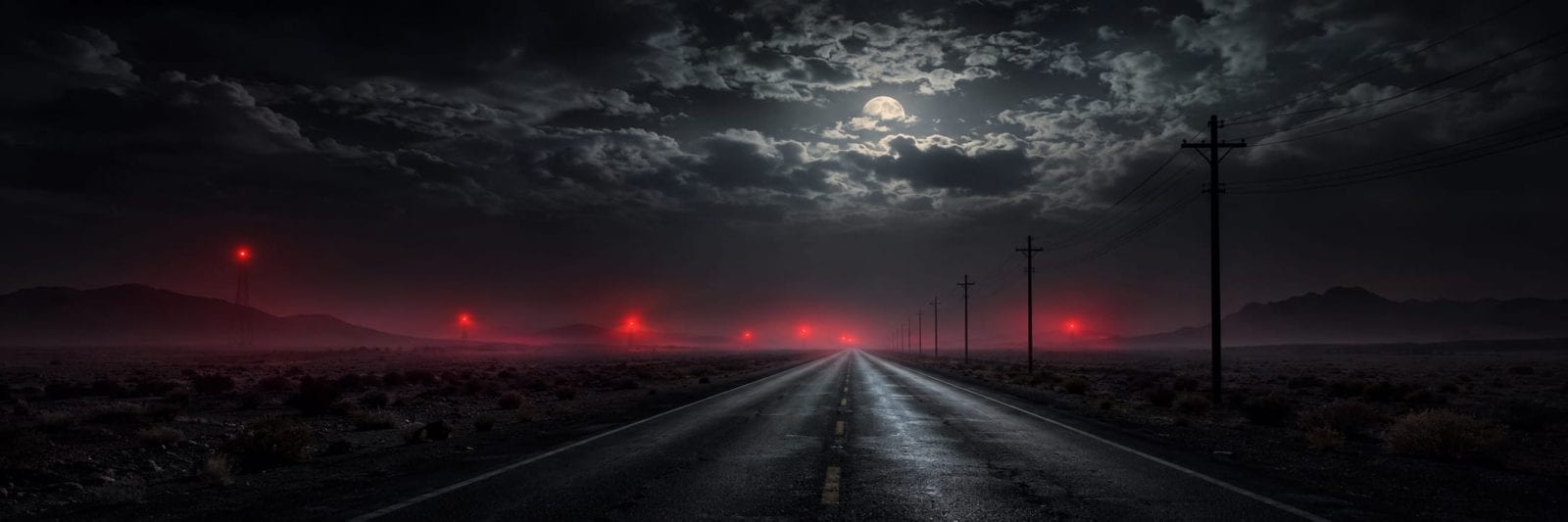 A desert road winds under a cloudy night sky, with a bright moon and glowing red lights near power poles.