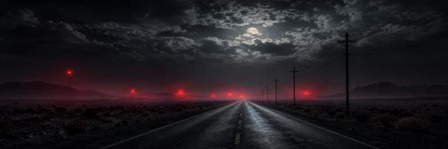 A desert road winds under a cloudy night sky, with a bright moon and glowing red lights near power poles.