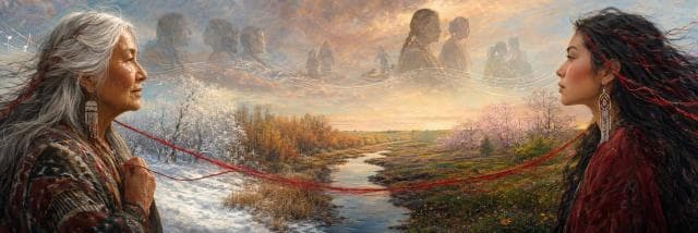 An older and younger woman face each other, linked by a red thread among seasonal landscapes and spirit figures, symbolizing reflection.