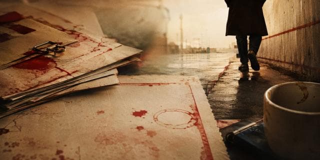 A person walks in an alley; a close-up shows blood-stained papers, a key, and a stained cup—suggesting loss and struggle.