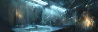 A cracked, foggy bathroom mirror reflects blue fluorescent light onto water droplets scattered across the glass.