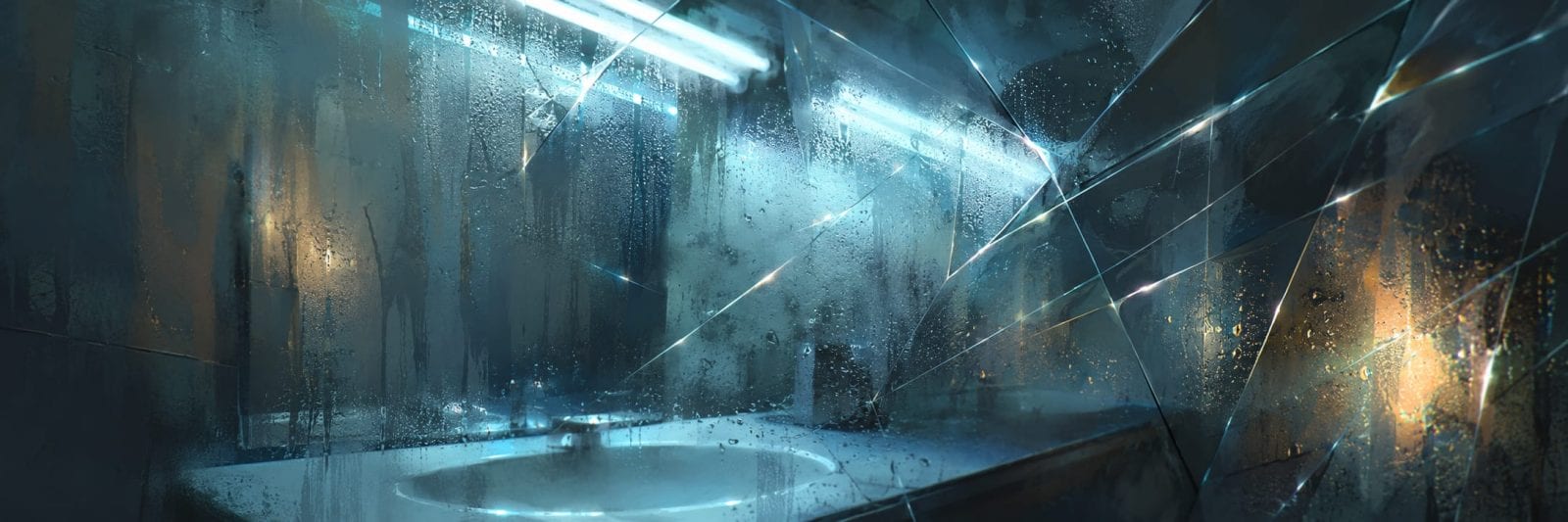 A cracked, foggy bathroom mirror reflects blue fluorescent light onto water droplets scattered across the glass.