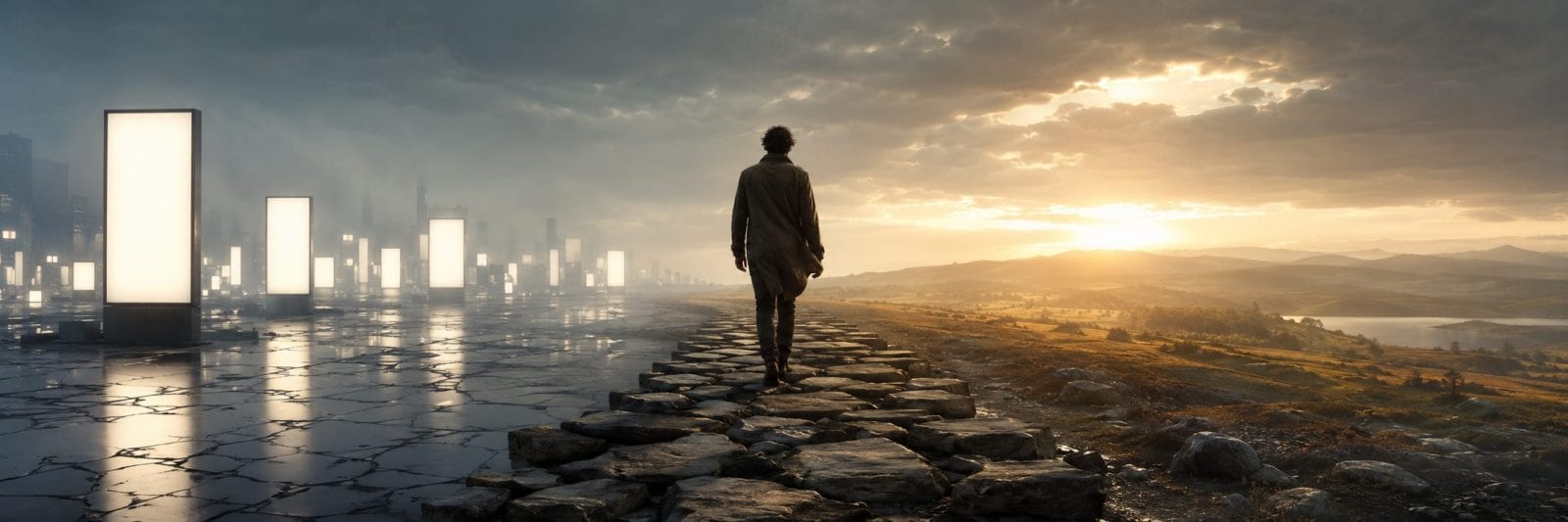 A person walks a stone path at sunset, separating glowing pillars from natural landscapes and reflections in a futuristic city.