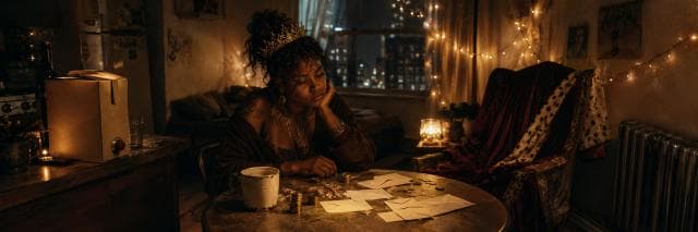 A crowned woman stands confidently, surrounded by letters and coins amid a scene of swirling movement and string lights.