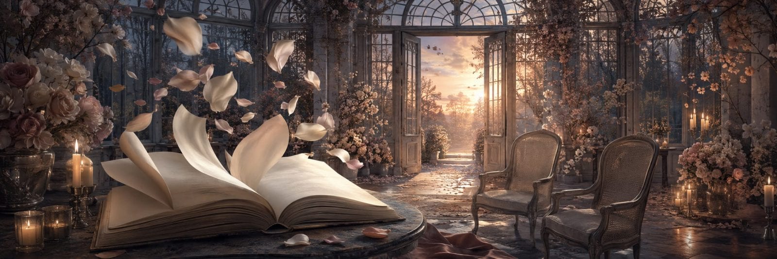An open book sends pages flying in a glass conservatory filled with plants, with two empty chairs nearby.