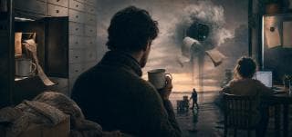 A man with a mug looks at receipts and a cloud server; nearby, a woman works as the room transitions into a beach scene.