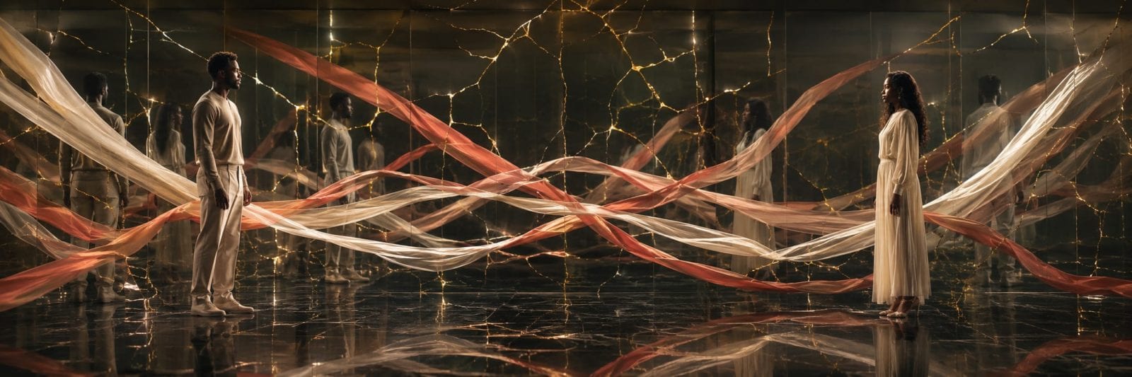 Two people in white face each other in a mirrored room, connected by red and cream strands for a surreal, reflective effect.