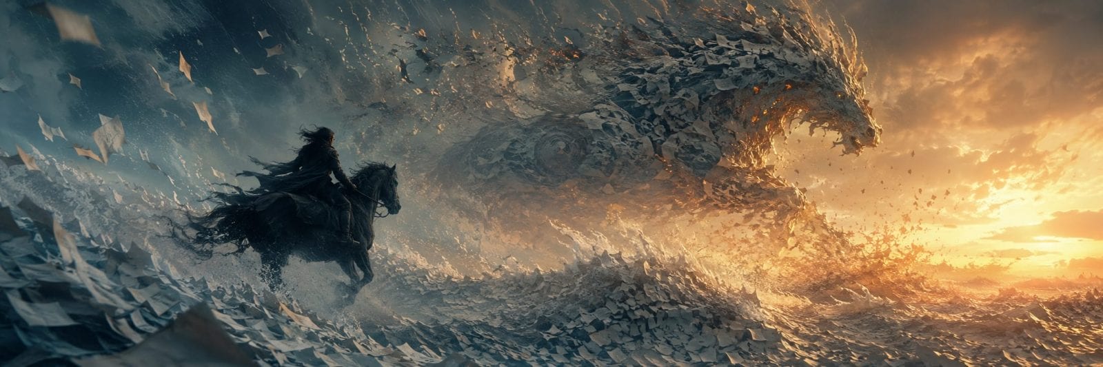 Person on horseback faces a giant formed from flying pages against a stormy sunset, symbolizing nature and reflection amidst chaos.