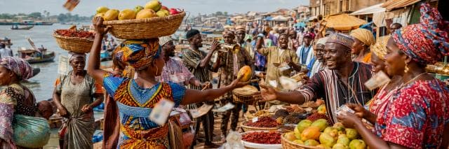 People trade goods at a lively riverside market among baskets of fruit, spices, and boats docked along the shore.